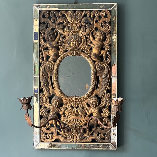 Rare Antique Venetian Girandole Mirror With Putti & Laurel Leaf Frame