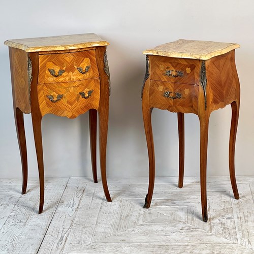 A Pair Of  ‘His And Her’ Sienna Marble And Marquetry Bedsides Tables
