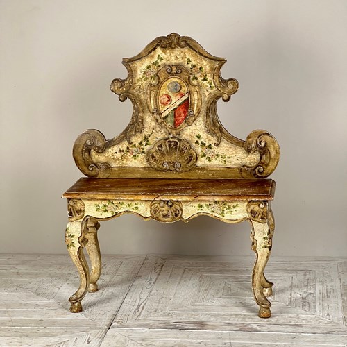 Antique Italian Baroque Polychrome Painted Seat Or Bench