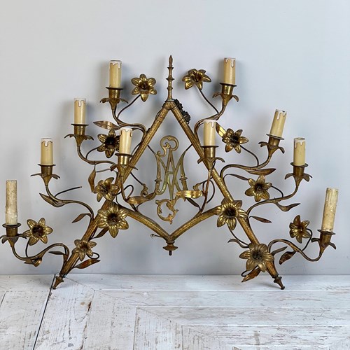 Large French Ecclesiastical Brass Wall Sconce Pair Available