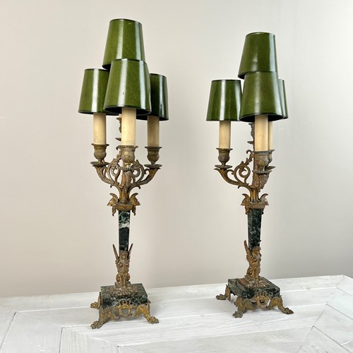 Pair Of C19th French Gilt Bronze And Marble Candelabra Lamps