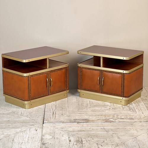 A Pair Of Italian Post Modern Brass And Leather Bedside Cabinets