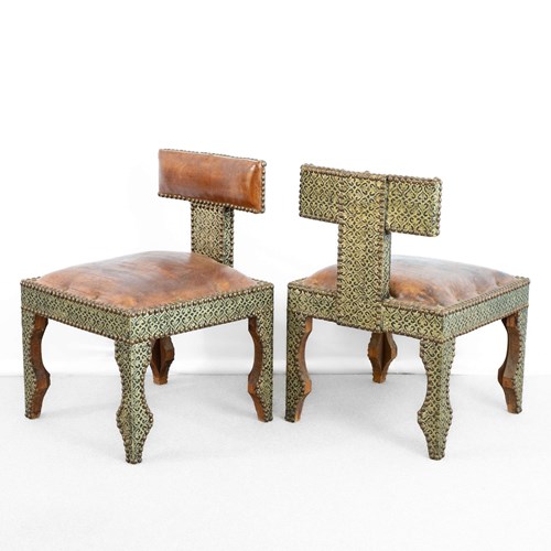 Pair Of Moroccan Berber Leather And Repoussé Chairs