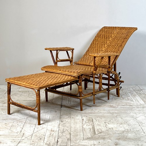 A French Midcentury Caned Bamboo Reclining Steamer Chair 