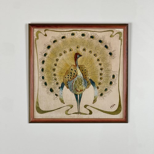 Edwardian Silk Embroidery Of A Peacock