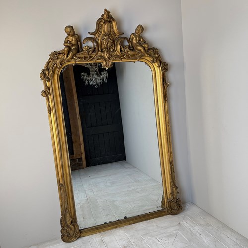Large Six Foot Giltwood And Gesso C19th Putti Mirror