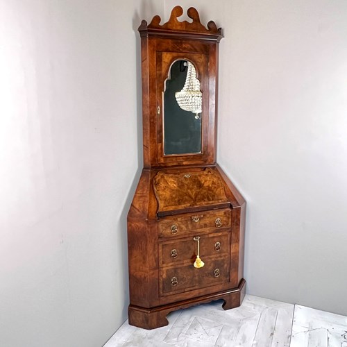 Early C20th Walnut Corner Bureau Bookcase In The Georgian Taste