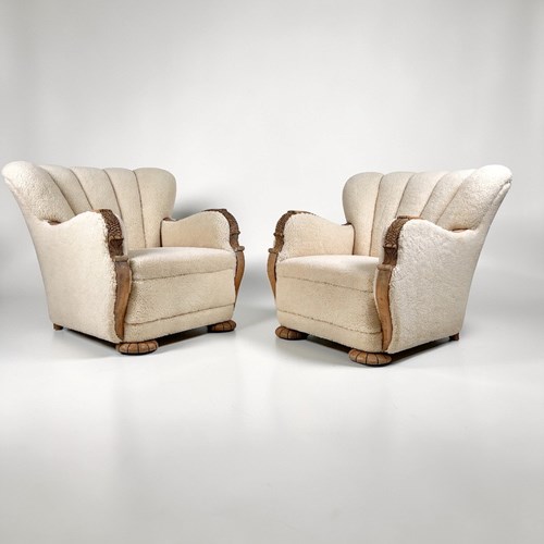 Pair Of Danish Art Deco Scallop Back Armchairs, Upholstered In Sherpa Wool