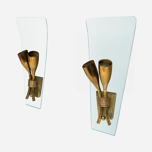 Pair Of 1950S Italian Mid-Century Modern Curved Glass Wall Light Sconces 