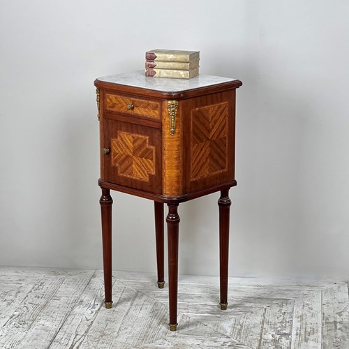 French Kingwood Parquetry Marble Topped Bedside Table
