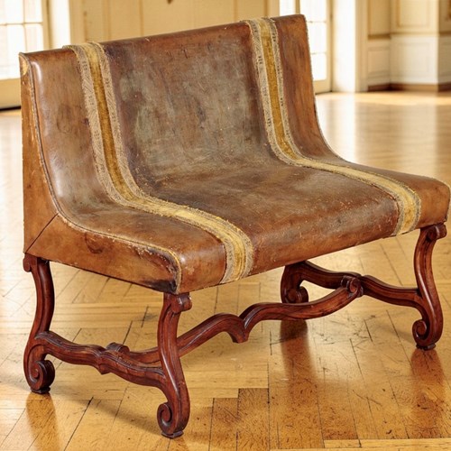 French Belle Époque Leather Banquette Sofa Circa 1900, With Velvet Trim