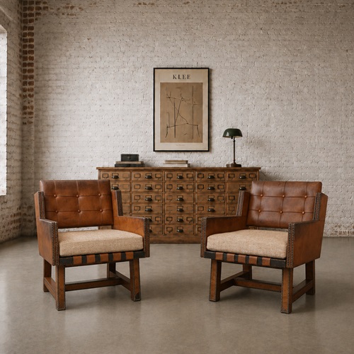 A Pair Of French Leather Button-Back Armchairs, Circa 1930/40'S