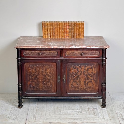 French Antique Marble Topped And Leathered Washstand