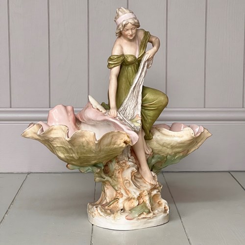 Large Royal Dux Porcelain Art Nouveau Maiden Centrepiece Figurine