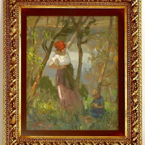 Mother And Child In An Orchard Oil Painting By Giuseppe Solenghi 