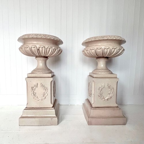Pair Of  Victorian  Salt Glazed Garden Urn Planters
