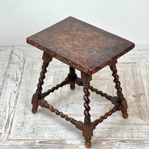 An Embossed Leather And Oak Barely Twist Side Or Occasional Table