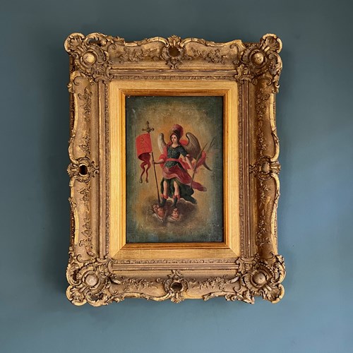 Antique C18th Oil Painting Of  Archangel Michael In Gilt Frame