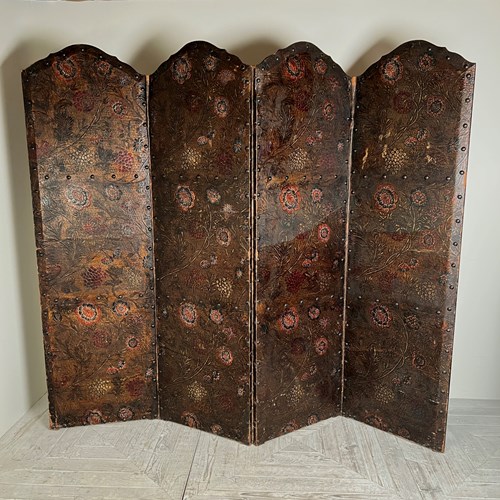 Antique Painted & Embossed Leather Four‑Leaf Dressing Screen Circa 1910