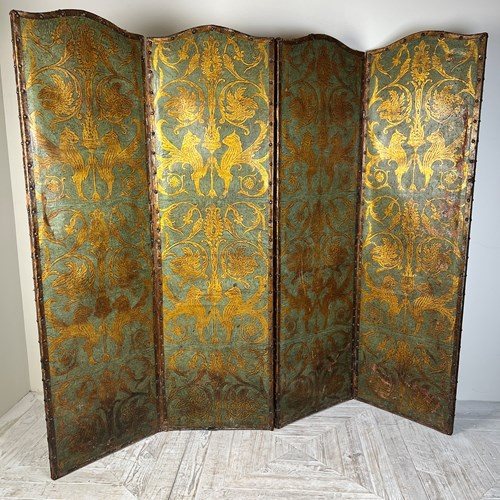 Antique Painted Embossed Leather Four-Fold Dressing Screen Or Room Divider