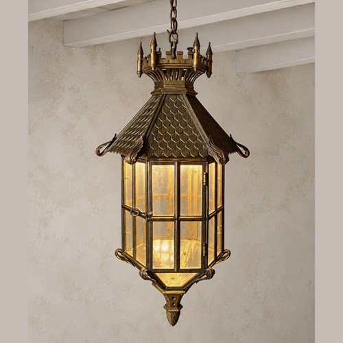 Large Continental Gothic Revival Bronze Hanging Lantern With Castellated Crown