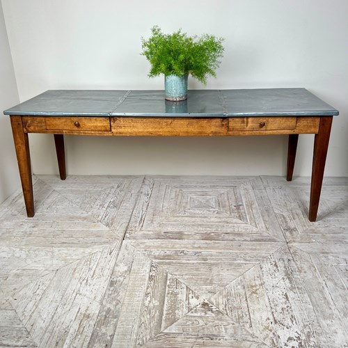 French Zinc Topped Kitchen Or Dining Table With Two Drawers