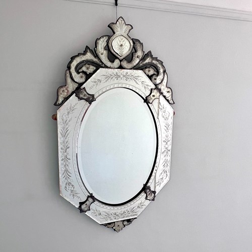 Antique Octagonal Venetian‑Style Mirror With Etched Floral Decoration