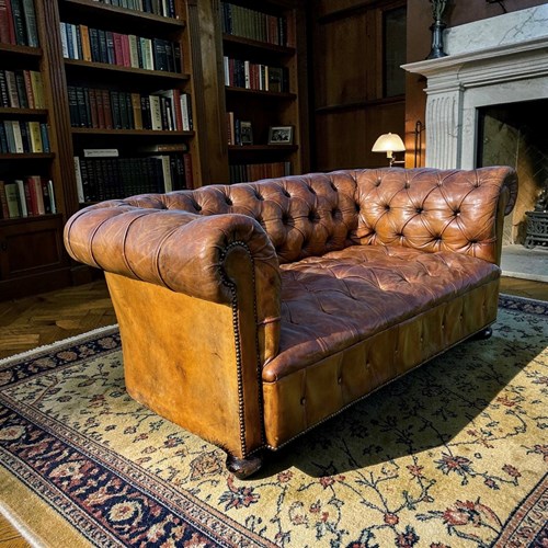 Antique Chesterfield Sofa 2 Seater Brown Leather Button Tufted Classic