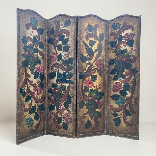 Antique French Hand Painted Four Fold Leather Room Divider Screen 