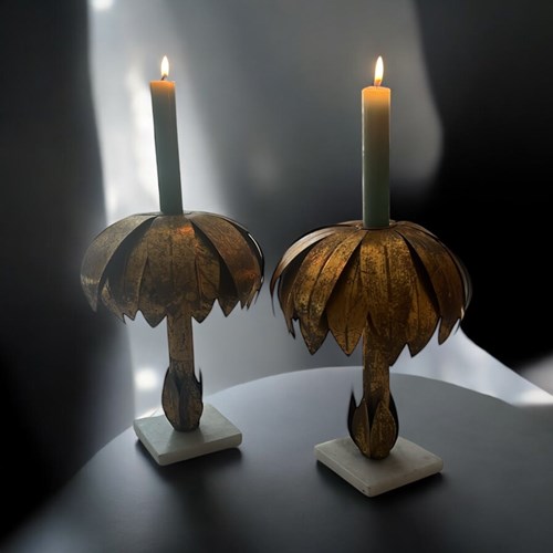 Pair Of Midcentury Toleware Palm Candlesticks