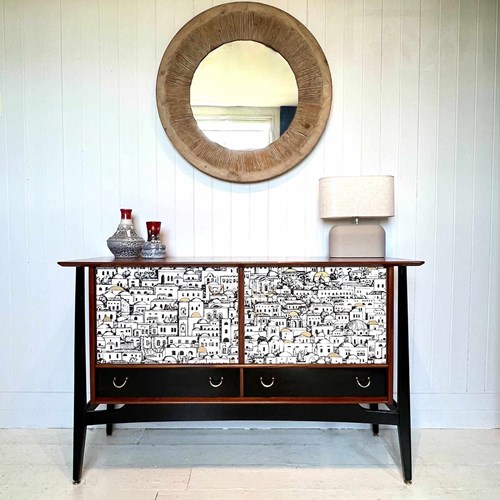 E Gomme Teak And Zebrano Wood  Sideboard With Fornasetti Decoupage 1950'S