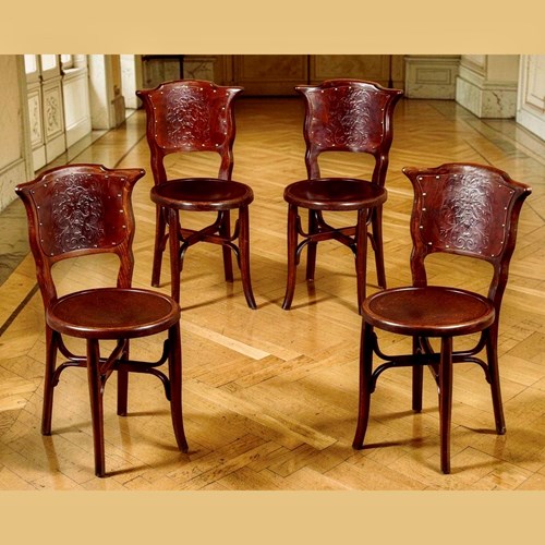 Rare Set Of Four Embossed Thonet Or J & J Kohn Bentwood Chairs, Circa 1900