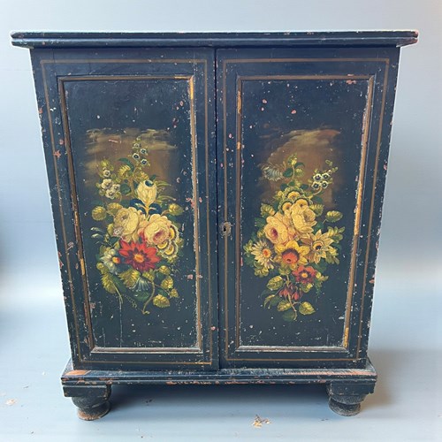 Victorian Black Ebonised Pine Cabinet With Hand‑Painted Floral Decoration