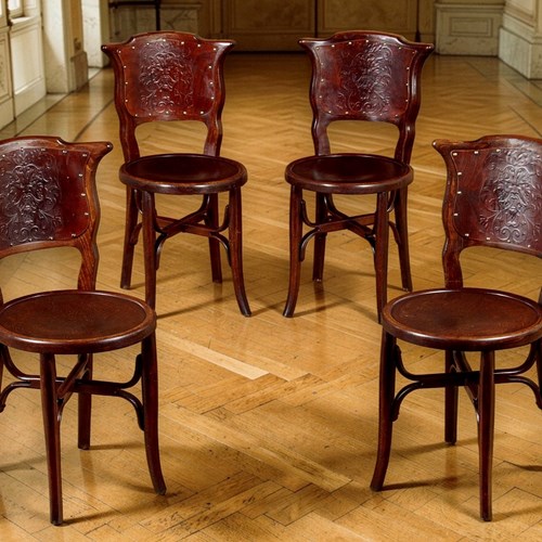Rare Set Of Four Embossed Thonet Or J & J Kohn Bentwood Chairs, Circa 1900