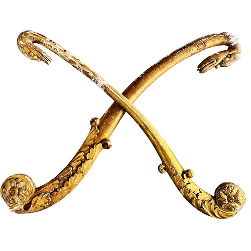 Fabulous French Empire Swans, Gilded Wood Carvings With Timeworn Patina, 1800'S