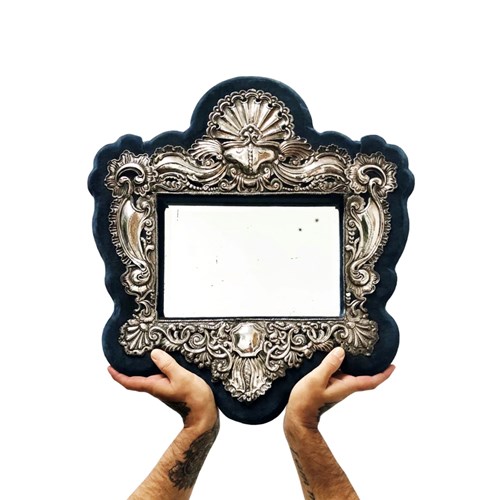 An Opulent Antique French Mirror In A Blue Velvet Frame With Silver, 1850'S