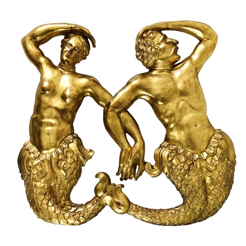Mermaids Gilded Wood Carving From Venice, 1800’S