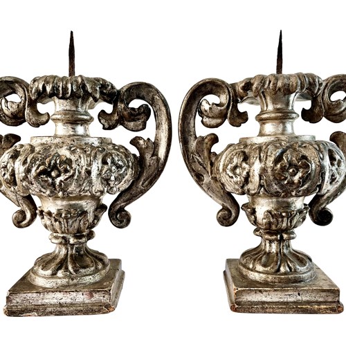 A Pair Of Italian Hand Carved Urns Candleholders, 1700'S