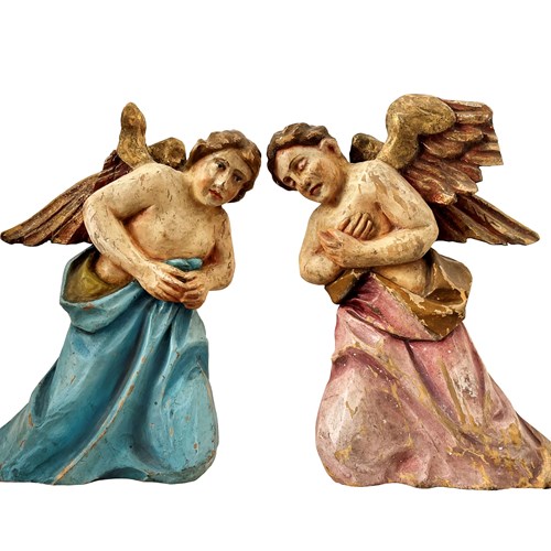 Pair Of Italian Angels, Hand Carved And Painted Wood, 1800'S