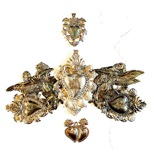 Stunning Set Of Seven Antique Italian Hearts And Angels, Ex Votos, 1800'S