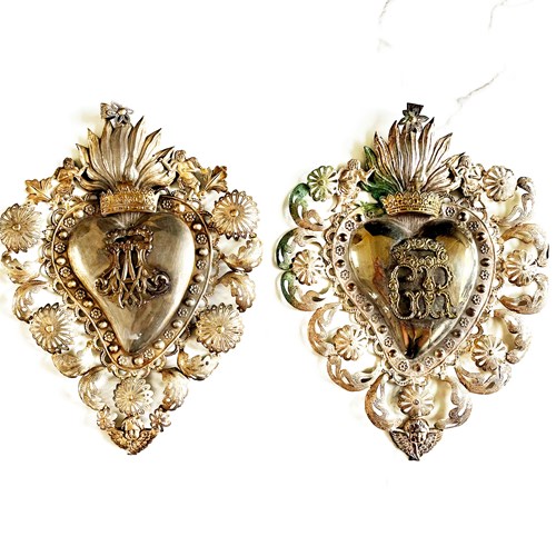 Pair Of Large Italian Sacred Hearts, Ex Votos, 1800'S