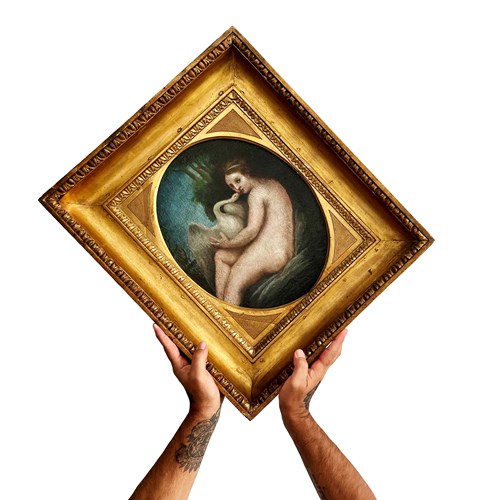 Leda And Swan, French Framed Oil Painting, 1700'S