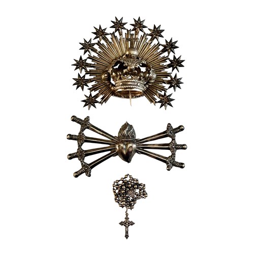 Rare Set Of Spanish Santo's Crown, Sacred Heart And Rosary, Silver, 1800'S