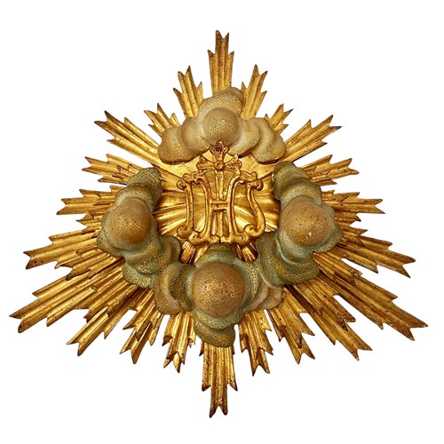 Exquisite And Rare Antique Spanish Sunburst, Gilded Wood Carving, 1800'S
