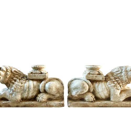 Pair Of Majestic And Rare Venetian Renaissance Lions, Carved Marble, 1400'S