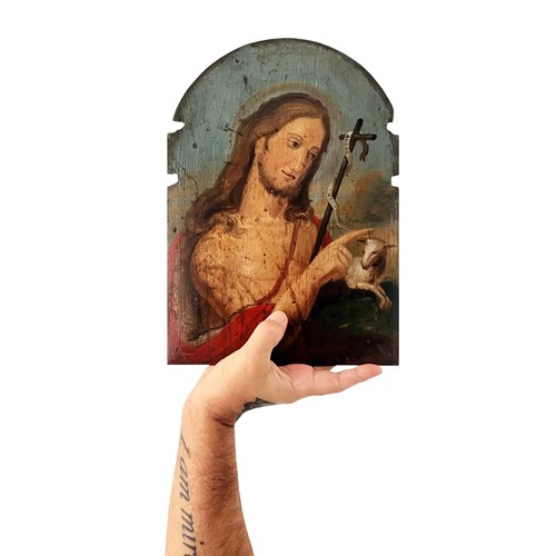 Precious French Painting Of St John The Baptist With The Lamb Of God, 1700'S