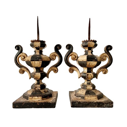 A Pair Of Stunning Italian Candleholders With An Exquisite Patina, Wood, 1800'S