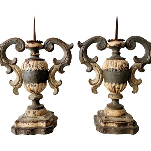 A Pair Of Gorgeous Italian Chateau Candleholders, Carved Wood, 1700'S