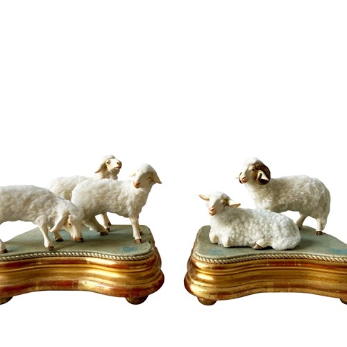Fabulous Collection Of Nativity Sheep On Gilded Stands, Germany, 1930'S