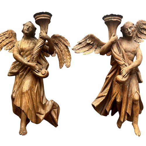 A Pair Of Glorious And Rare Antique French Angels, Carved Wood, 1600'S